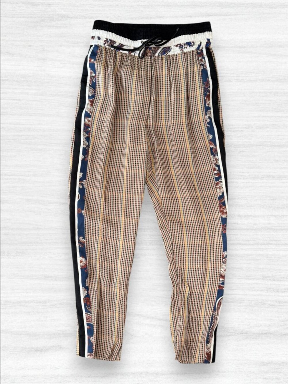 3.1 Phillip Lim Silk Trim Plaid Jogger Pants Womens 4 Floral Stripe Tapered Leg